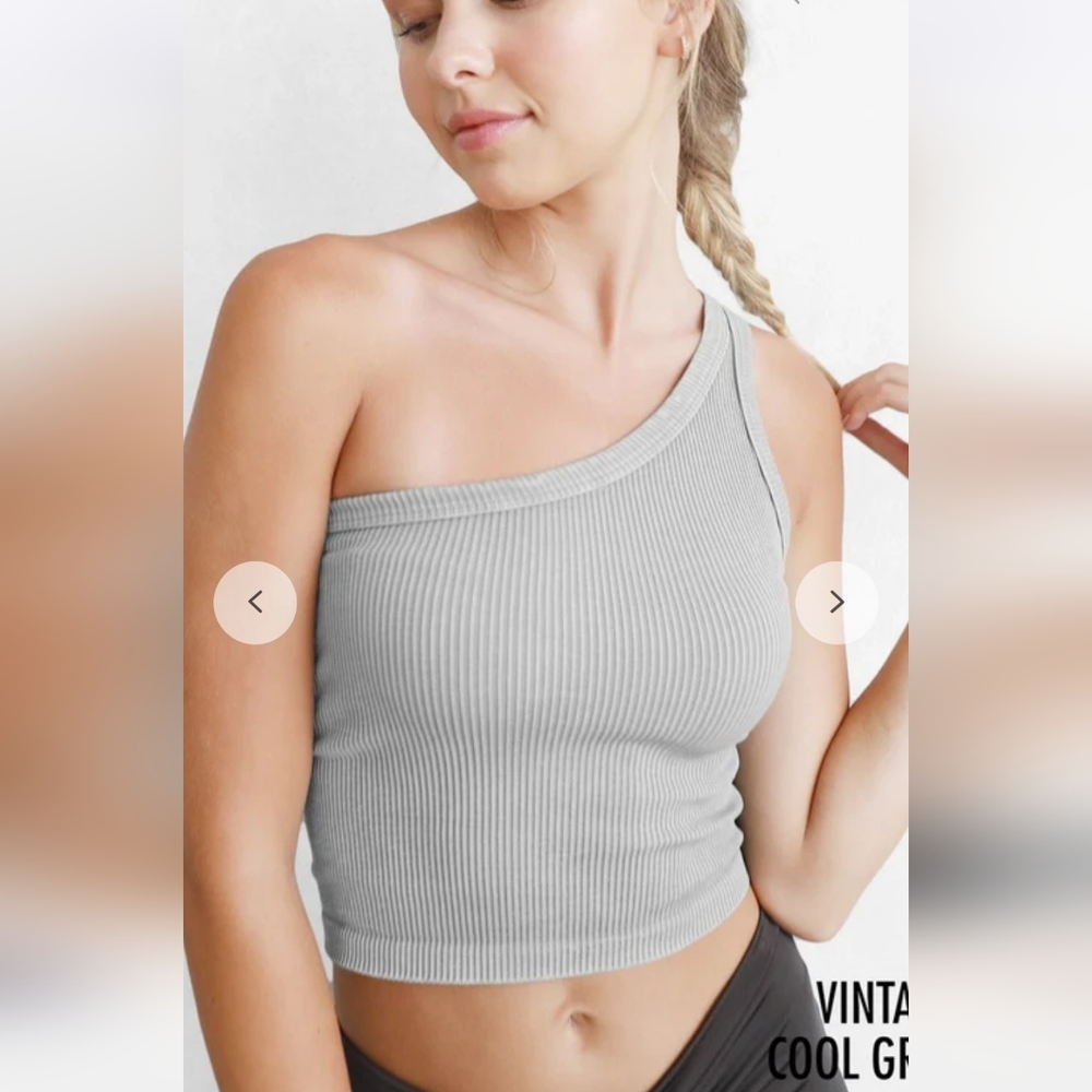 Nikibiki One Shoulder Crop Top Ribbed Seamless Vintage Cool Grey Tank Small